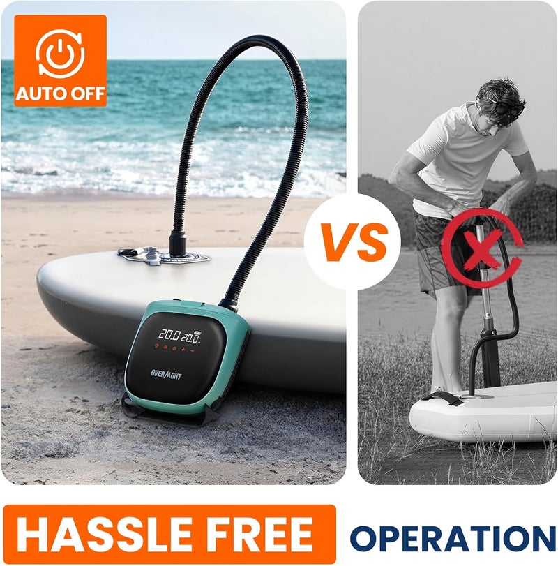 Overmont مضخة لوح التجديف الكهربائية المحمولة، 20 PSI مضخة هواء SUP مع إيقاف تلقائي، تضخيم وتفريغ سريع مزدوج، شاشة LCD، محول سيارة 12 فولت للنفخ، الكاياك، القوارب، الخيام - Image 5